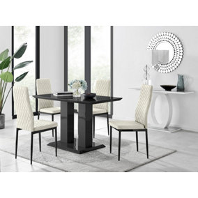 Furniturebox Imperia 4 Modern Black High Gloss Dining Table and 4 Cream Velvet Milan Black Leg Chairs