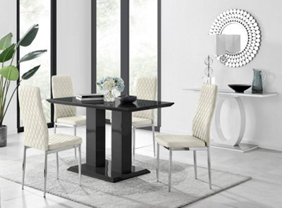 Furniturebox Imperia 4 Modern Black High Gloss Dining Table and 4 Cream Velvet Milan Chairs