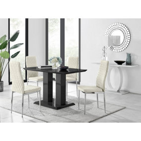 Furniturebox Imperia 4 Modern Black High Gloss Dining Table and 4 Cream Velvet Milan Chairs