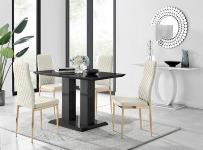 Furniturebox Imperia 4 Modern Black High Gloss Dining Table and 4 Cream Velvet Milan Gold Leg Chairs