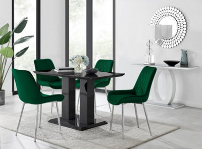 Furniturebox Imperia 4 Modern Black High Gloss Dining Table and 4 Green Pesaro Silver Leg Chairs