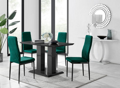 Furniturebox Imperia 4 Modern Black High Gloss Dining Table and 4 Green Velvet Milan Black Leg Chairs