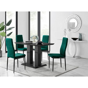 Furniturebox Imperia 4 Modern Black High Gloss Dining Table and 4 Green Velvet Milan Black Leg Chairs