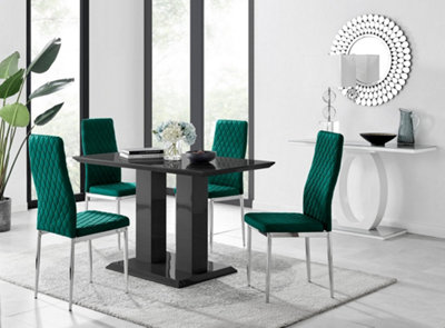 Furniturebox Imperia 4 Modern Black High Gloss Dining Table and 4 Green