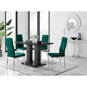 Furniturebox Imperia 4 Modern Black High Gloss Dining Table and 4 Green Velvet Milan Chairs