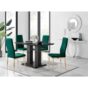 Furniturebox Imperia 4 Modern Black High Gloss Dining Table and 4 Green Velvet Milan Gold Leg Chairs