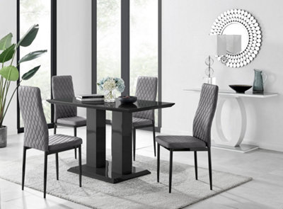 Furniturebox Imperia 4 Modern Black High Gloss Dining Table and 4 Grey Velvet Milan Black Leg Chairs