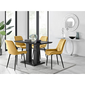 Furniturebox Imperia 4 Modern Black High Gloss Dining Table and 4 Mustard Pesaro Black Leg Chairs
