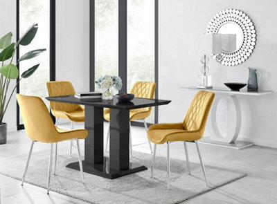 Furniturebox Imperia 4 Modern Black High Gloss Dining Table and 4 Mustard Pesaro Silver Leg Chairs
