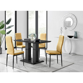Furniturebox Imperia 4 Modern Black High Gloss Dining Table and 4 Mustard Velvet Milan Black Leg Chairs