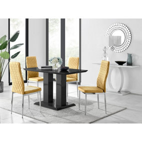 Furniturebox Imperia 4 Modern Black High Gloss Dining Table and 4 Mustard Velvet Milan Chairs