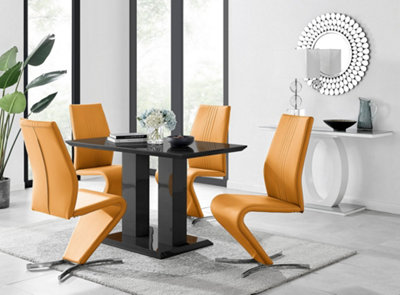 Furniturebox Imperia 4 Modern Black High Gloss Dining Table And 4 Mustard Yellow Luxury Willow Chairs Set