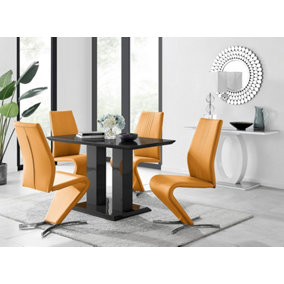 Furniturebox Imperia 4 Modern Black High Gloss Dining Table And 4 Mustard Yellow Luxury Willow Chairs Set