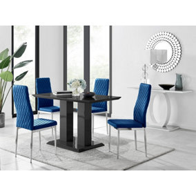 Furniturebox Imperia 4 Modern Black High Gloss Dining Table and 4 Navy Velvet Milan Chairs