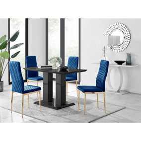 Furniturebox Imperia 4 Modern Black High Gloss Dining Table and 4 Navy Velvet Milan Gold Leg Chairs