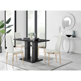 Furniturebox Imperia 4 Modern Black High Gloss Dining Table and 4 White Gold Leg Milan Chairs