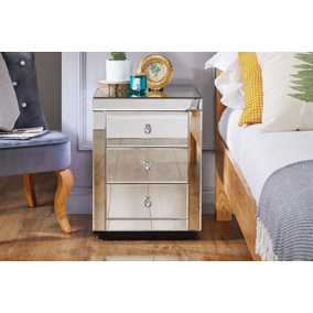 Furniturebox Italian Inspired Contemporary Mirrored 3 Drawer Rectangular Bedside Table with Crystaline Shaped Handles