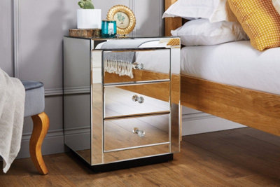 Furniturebox Italian Inspired Contemporary Mirrored 3 Drawer Rectangular Bedside Table with Crystaline Shaped Handles