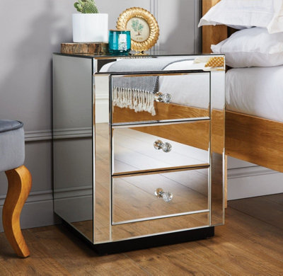 Furniturebox Italian Inspired Contemporary Mirrored 3 Drawer Rectangular Bedside Table with Crystaline Shaped Handles