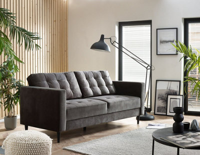 Furniturebox Jenna 3 Seater Dark Grey Velvet Sofa With Solid Wood Frame