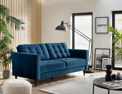 Furniturebox Jenna 3 Seater Navy Blue Velvet Sofa With Solid Wood Frame