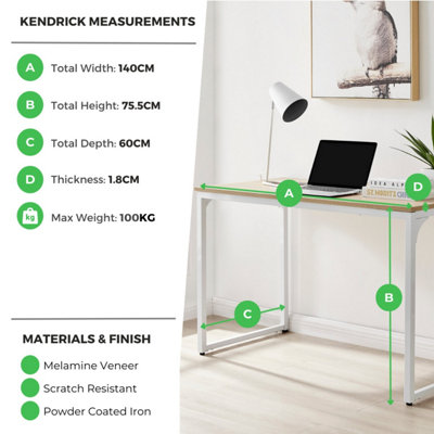 Furniturebox Kendrick 140cm Oak Effect Melamine Scratch Resistant Office & Gaming Desk with White Legs
