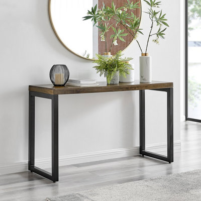 Furniturebox Kinsley Solid Mango Wood Dark Walnut Shade Black Metal Leg Console Table