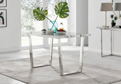 Furniturebox Kylo 120cm 4-6 Seater White Marble Effect Dining Table With Chrome U Shaped Legs