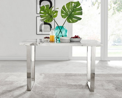Furniturebox Kylo 120cm 4-6 Seater White Marble Effect Dining Table With Chrome U Shaped Legs