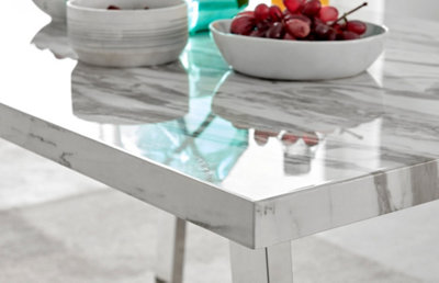 Furniturebox Kylo 120cm 4-6 Seater White Marble Effect Dining Table With Chrome U Shaped Legs