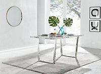 Furniturebox Kylo 160cm 6 Seater White Marble Effect Dining Table With Chrome U Shaped Legs