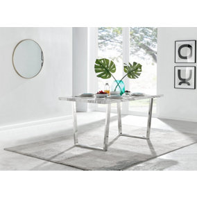 Furniturebox Kylo 160cm 6 Seater White Marble Effect Dining Table With Chrome U Shaped Legs