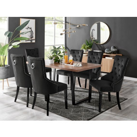 Furniturebox Kylo Brown Rectangular Wood Effect Dining Table & 6 Black Velvet Belgravia Black Leg Chairs