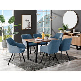 Furniturebox Kylo Brown Rectangular Wood Effect Dining Table & 6 Blue Fabric Falun Black Leg Chairs