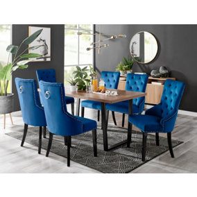 Furniturebox Kylo Brown Rectangular Wood Effect Dining Table & 6 Blue Velvet Belgravia Black Leg Chairs
