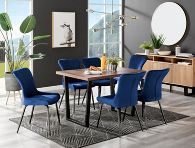 Furniturebox Kylo Brown Rectangular Wood Effect Dining Table & 6 Blue Velvet Nora Black Leg Chairs