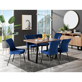 Furniturebox Kylo Brown Rectangular Wood Effect Dining Table & 6 Blue Velvet Nora Black Leg Chairs