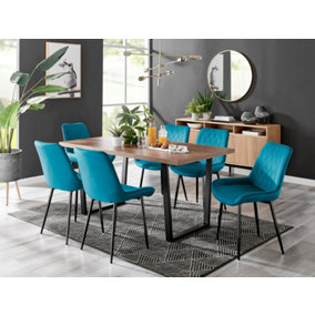 Furniturebox Kylo Brown Rectangular Wood Effect Dining Table & 6 Blue Velvet Pesaro Black Leg Chairs