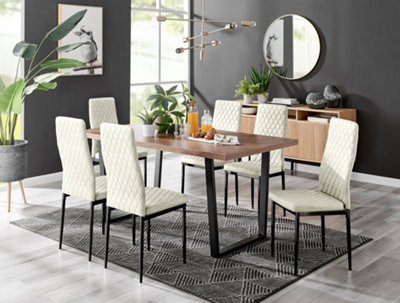 Furniturebox Kylo Brown Rectangular Wood Effect Dining Table & 6 Cream Velvet Milan Black Leg Chairs