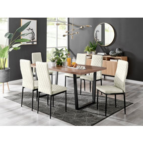 Furniturebox Kylo Brown Rectangular Wood Effect Dining Table & 6 Cream Velvet Milan Black Leg Chairs