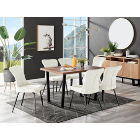 Furniturebox Kylo Brown Rectangular Wood Effect Dining Table & 6 Cream Velvet Nora Black Leg Chairs