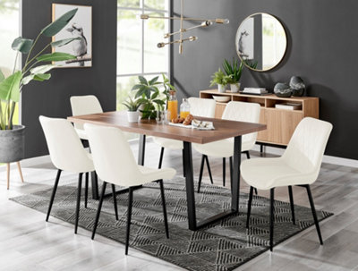 Furniturebox Kylo Brown Rectangular Wood Effect Dining Table & 6 Cream Velvet Pesaro Black Leg Chairs