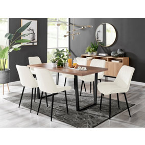 Furniturebox Kylo Brown Rectangular Wood Effect Dining Table & 6 Cream Velvet Pesaro Black Leg Chairs