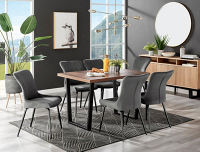 Furniturebox Kylo Brown Rectangular Wood Effect Dining Table & 6 Dark Grey Velvet Nora Black Leg Chairs