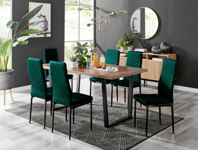 Furniturebox Kylo Brown Rectangular Wood Effect Dining Table & 6 Green Velvet Milan Black Leg Chairs