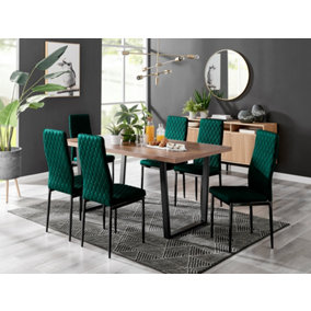 Furniturebox Kylo Brown Rectangular Wood Effect Dining Table & 6 Green Velvet Milan Black Leg Chairs