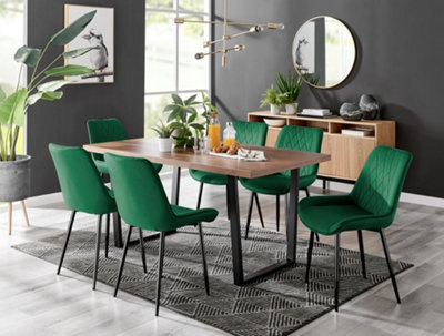 Furniturebox Kylo Brown Rectangular Wood Effect Dining Table & 6 Green Velvet Pesaro Black Leg Chairs
