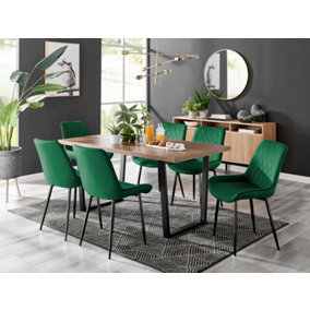 Furniturebox Kylo Brown Rectangular Wood Effect Dining Table & 6 Green Velvet Pesaro Black Leg Chairs