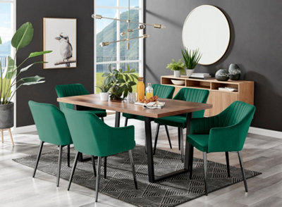 Furniturebox Kylo Brown Rectangular Wood Effect Dining Table & 6 Green VelvetCalla Black Leg Chairs