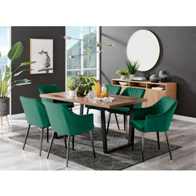 Furniturebox Kylo Brown Rectangular Wood Effect Dining Table & 6 Green VelvetCalla Black Leg Chairs